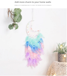 Detail of moon-shaped dream catcher with gradient feathers and beads on a wall