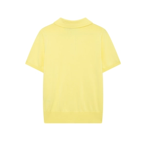 Pale yellow short sleeve knit polo shirt with ribbed cuffs shown from a back view