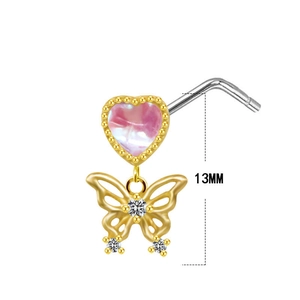 Golden heart and butterfly nose stud with pink gemstone and white crystals, 13mm length