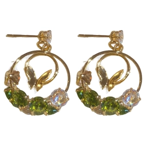 Golden butterfly hoop earrings with olive green gems and white zircon stones