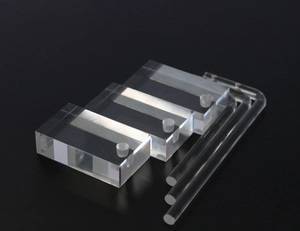 Macro detail of high-transparency acrylic display stands with polished smooth edges