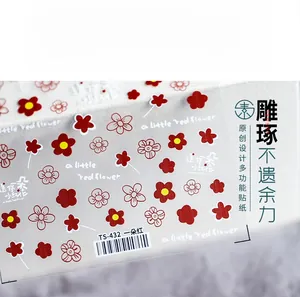 Macro shot of 5D red flower nail art stickers with TS-432 model and floral patterns