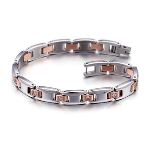 Titanium steel link bracelet with silver and rose gold tones and small zircon stones