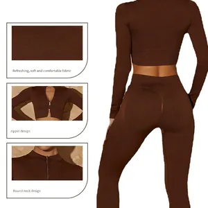 Seamless ribbed yoga set with high waist leggings and long sleeve zipper crop top in dark brown