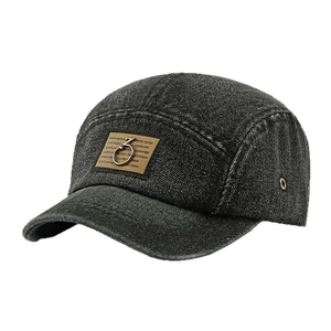 Vintage πλυμένο σκούρο γκρι 5-panel τζιν καπέλο μπέιζμπολ με καφέ σήμα και μεταλλικό κρίκο