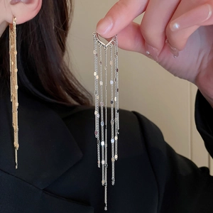 Elegant long chain tassel earrings with heart-shaped studs in gold and silver finish