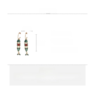 Detailed spec sheet for alloy fish drop earrings showing 8.5cm size and 17.4g weight