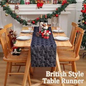 Dark blue velvet Christmas table runner with golden tree embroidery for dining decor