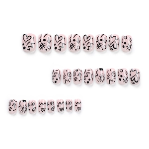 Set di 24 unghie finte corte rosa con motivi graffiti neri e kit per manicure fai da te