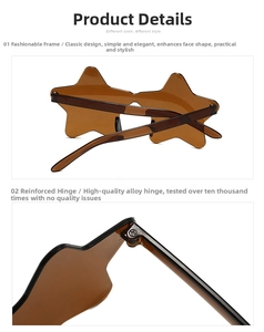 Detail of durable alloy reinforced hinges on trendy star-shaped rimless sunglasses