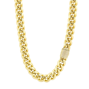 Golden titanium steel Cuban link chain necklace with a luxury diamond-set clasp