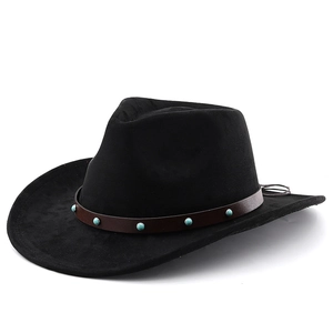 Classic black suede cowboy hat with turquoise beaded brown leather band and curved brim