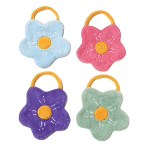 Set of four flower-shaped coral fleece hand towels in blue, pink, purple, and green colors