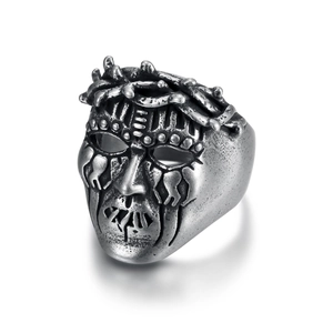 Punk style stainless steel skull ring with crown of thorns and antique silver finish