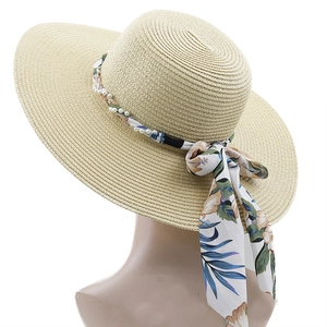 Women Straw Sun Hat Wide Brim Foldable Beach Vacation Bohemian Floral Scarf Artificial Pearls Elegant Summer Breathable