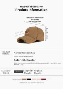 Detailed size chart for winter fuzzy baseball cap with embroidery heart and bow