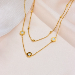 Minimalist double-layer gold stainless steel necklace with Roman shell circular pendants