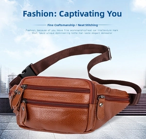 Close-up of brown litchi grain leather waist bag with three zip compartments and nylon strap