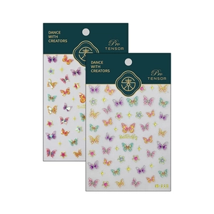 Stickers ongles papillon 3D avec feuille d'or et étoiles, pack de deux modèle M113