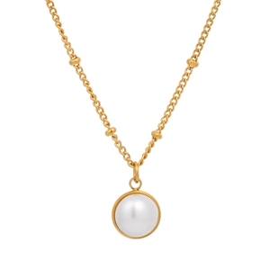 Detailed view of elegant gold beaded necklace featuring a glossy round white pearl pendant