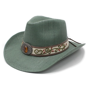 Chapeau de cowboy en paille verte vintage avec bande brodée fleurie et pierre d'ambre