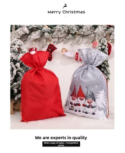 Christmas drawstring gift bags with gnome and snowflake patterns in red and grey