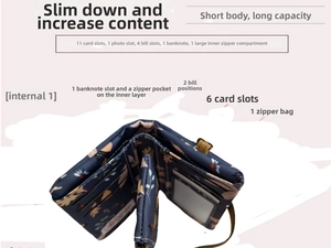 Detail of floral canvas wallet showing 11 card slots and multiple compartments