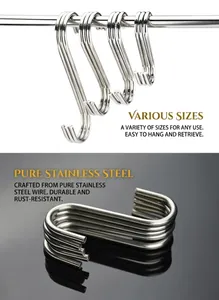 Detailed view of various sizes of heavy duty stainless steel S hooks hanging on a metal rod