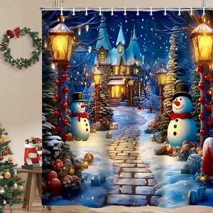 Detail des Weihnachts-Duschvorhangs mit Schneemann, Winterschloss und Metallhaken