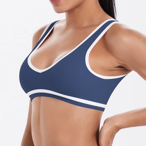 Soutien-gorge de sport dos nu bleu marine avec bordures contrastées blanches pour le yoga