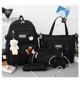 5-piece black nylon school bag set with backpack, tote, crossbody bag, and stationery pouches