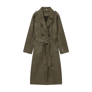 Women Faux Suede Trench Coat Double Breasted Lapel Belted Mid Length Jacket Olive Green Outwear