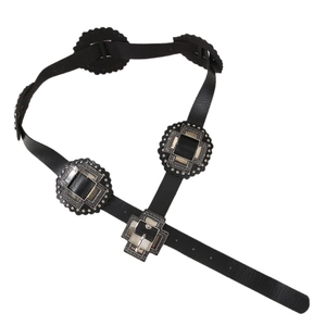 Vintage western street style black PU leather belt with decorative carved silver metal buckles