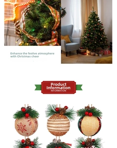 Close-up of burlap Christmas ball ornaments with pine needles, berries and pine cones
