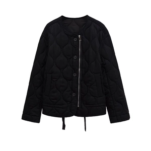 Women Casual Padded Quilted Jacket Round Neck Long Sleeve Gourd Texture Cotton Filler Coat Warm Loose Zip Button Outerwear