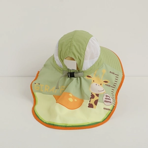 Detail of kids sun hat featuring breathable mesh, giraffe print, and large neck flap protection