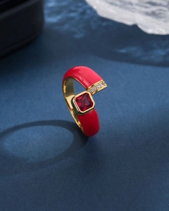 Luxury gold adjustable ring with red enamel and a square red zircon gemstone