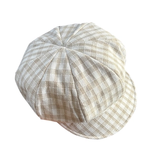 Breathable linen plaid newsboy cap in beige and khaki gingham for men and women
