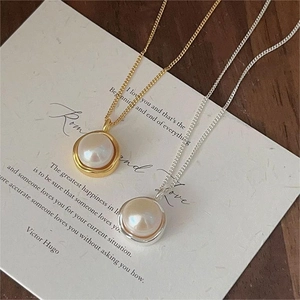 925 Sterling Silver Freshwater Pearl Necklace Simple Minimalist Elegant Geometric Round Pendant Jewelry Gift For Women