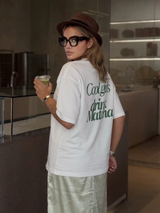White cotton oversize T-shirt with green Cool Girls Drink Matcha print on the back