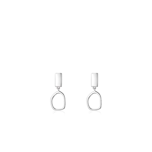 Polished S925 silver geometric drop earrings with rectangular stud and fluid ring design