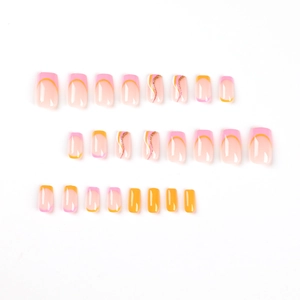 Pink and orange French wave press-on nails with gold glitter, short square style 24pcs