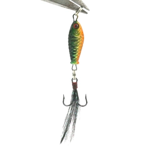 Macro view of bionic fishing lure with gradient finish and feather treble hook detail