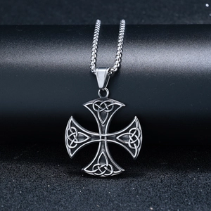 Vintage stainless steel Celtic knot cross pendant necklace on a silver ball chain