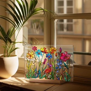 Detail of floral glass-style acrylic plaque on a wooden base in sunny home setting