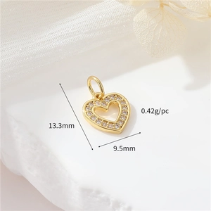 Detailed dimensions of 14k gold plated heart pendant with zircon inlay for DIY jewelry
