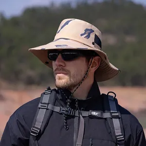 Men's camouflage wide brim sun hat with breathable mesh and chin strap for hiking
