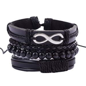 Bracelet multicouche en cuir noir pour homme avec cordes tressées et symbole infini