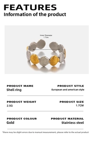 Detailed product specifications and macro view of bicolor shell-shaped stainless steel ring