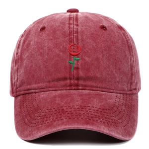 Vintage burgundy washed cotton baseball cap with red rose flower embroidery design